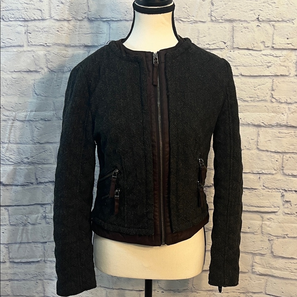 Zara Quilted Tweed Bomber Jacket Cropped Brown Size Medium Zippers
